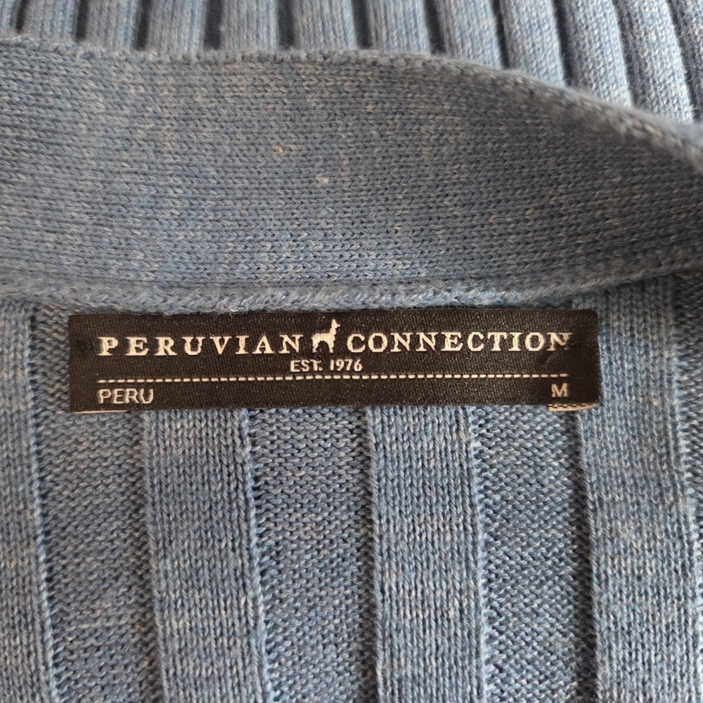 PERUVIAN CONNECTION Blue Ribbed Open Front Cardigan Medium - Picture 7 of 8